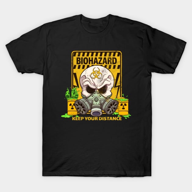 Cartoon Biohazard Skull With Caution Sign T-Shirt by TheMaskedTooner
